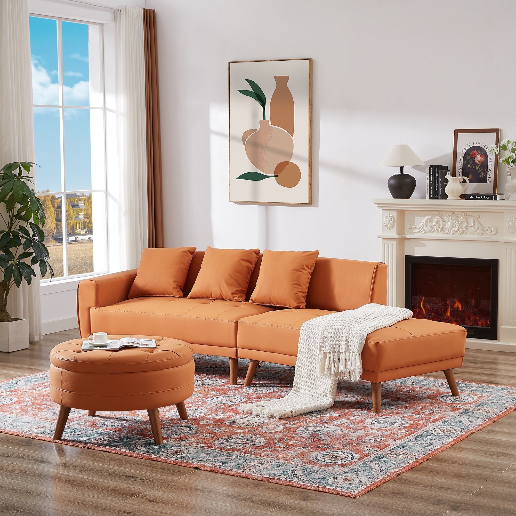 Futon Sleeper Loveseat with Storage Ottoman Table Orange