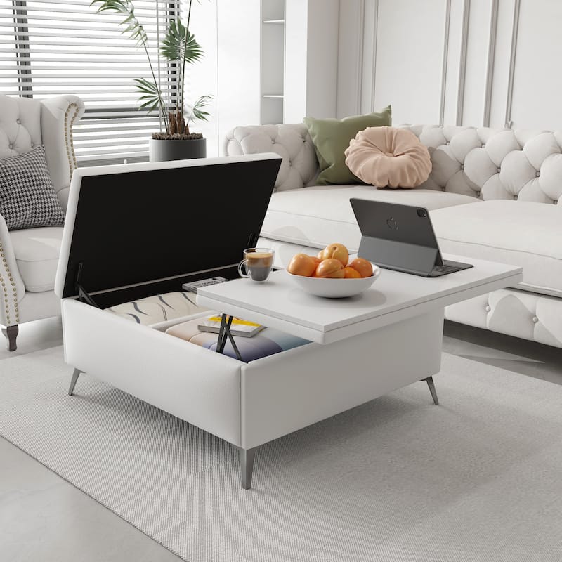 35 inch Wide Square storage benches Coffee Table with Lift Top Oversized Storage Ottoman in Upholstered for Living Room - White