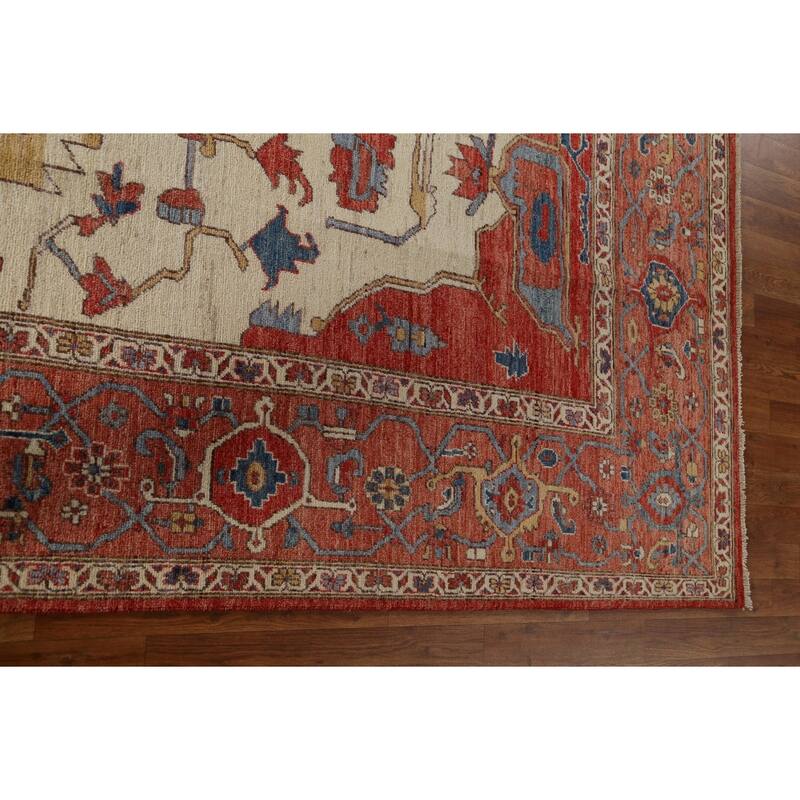 Hand Knotted Oriental 100% Wool Carpet Traditional Medallion Beige & Ivories Heriz (serapi) Area Rug - 11' 10'' X 9' 2''