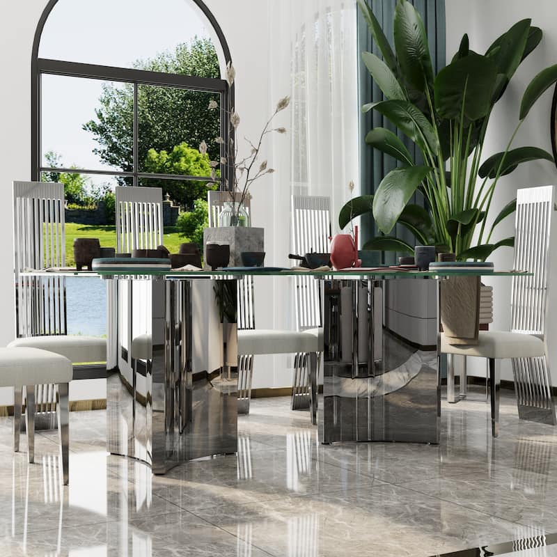 Luxurious Clear Tempered Glass Dining Table Set with Heavy Duty Dining Chairs