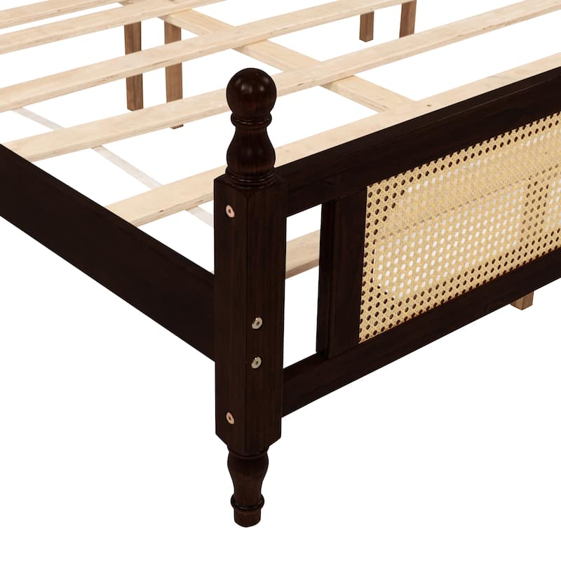 King Pine wooden Bed with Rattan Headboard and Footboard