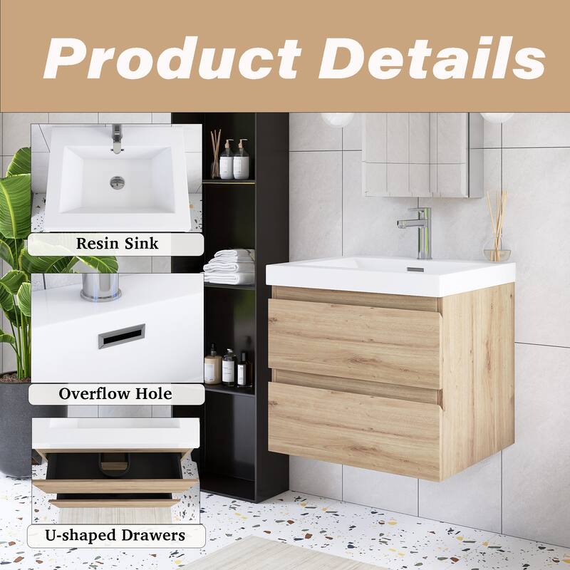 Angela Wall Mounted Bathroom Vanity in F. Oak with White Cultured Marble Top