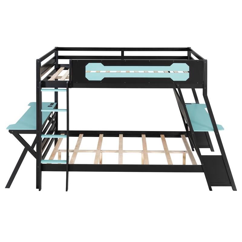 E-sports Inspired Bunk Bed with 2 Built-In Gaming Desks, USB Desktop Ports and Pegboard Organizer, Bunk Frame for Teens Gamer