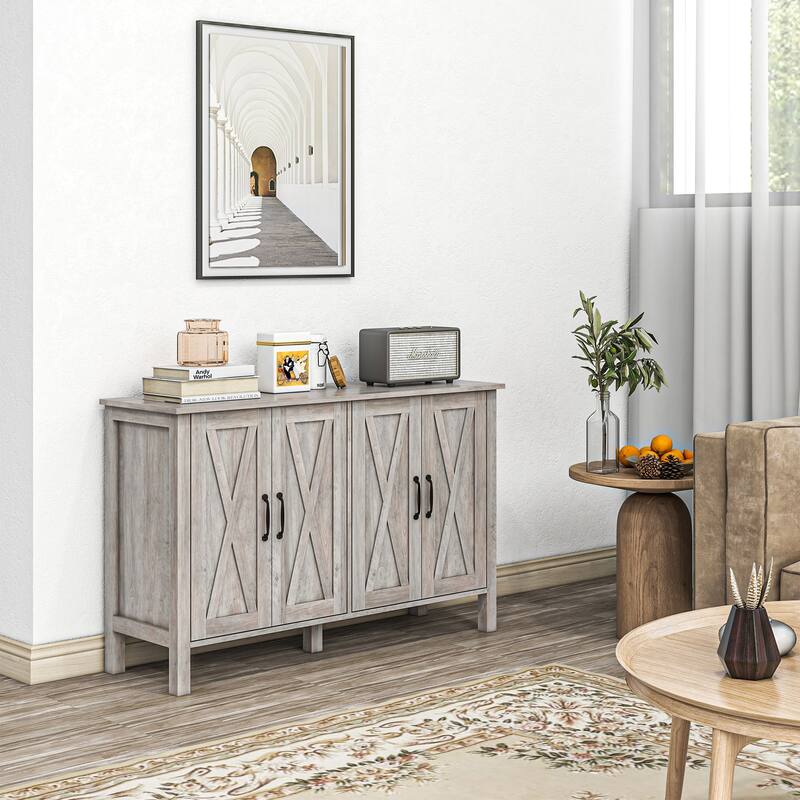 Buffet Cabinet, 47" Sideboard with 4 Barn Doors and 2 Adjustable Shelves