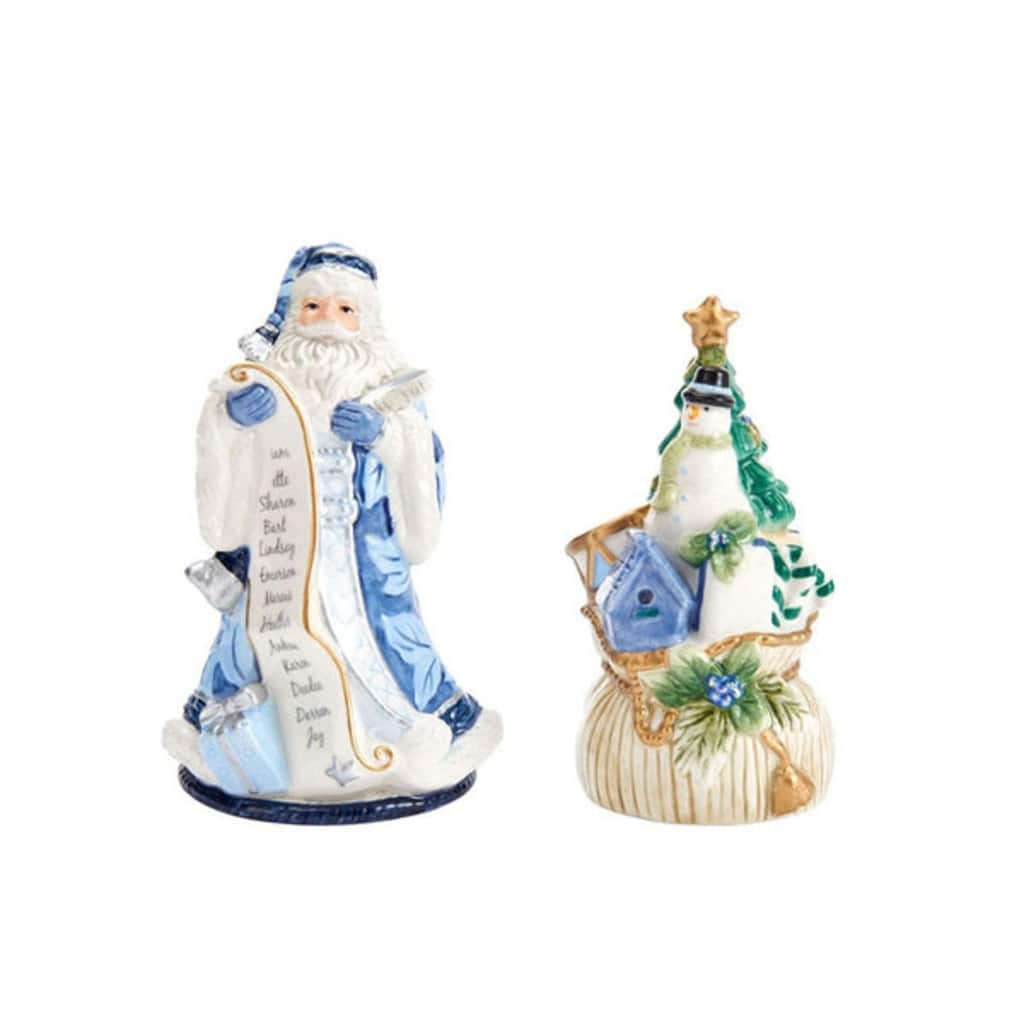 Fitz and Floyd Holiday Home Santa Salt and Pepper Set - Salt Shaker 2.75" by 5", Pepper Shake 2.5" by 4.5"