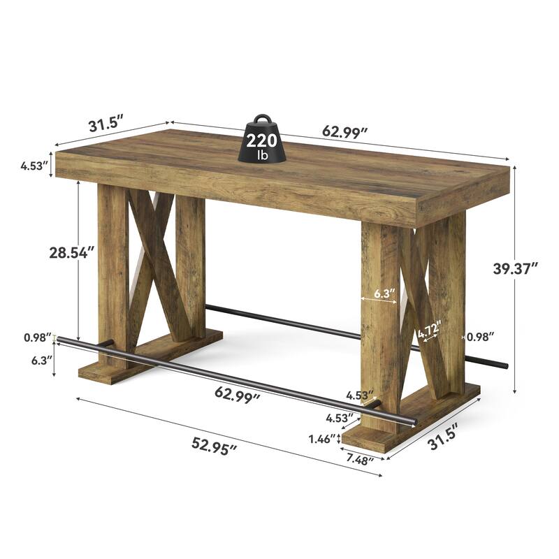 63 Inch Bar Table Counter Height Pub Table with Metal Footrest - 31.5" D x 62.99" W x 39.37" H