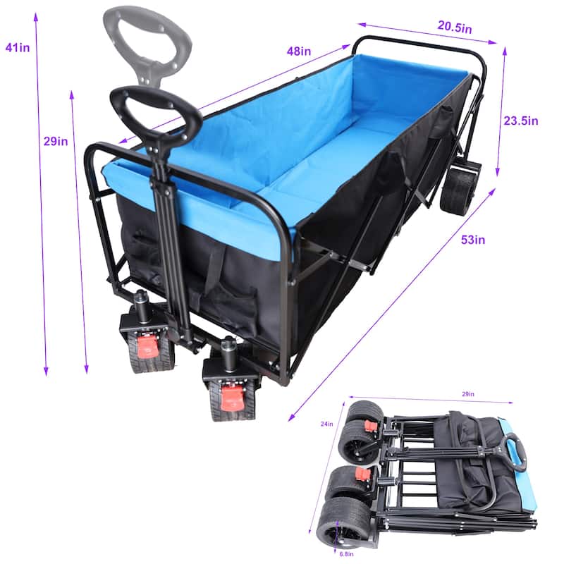 Big Large Capacity Folding Cart Extra Long Extender Wagon Cart Folding Wagon Garden Shopping Beach Cart (Black + Blue)