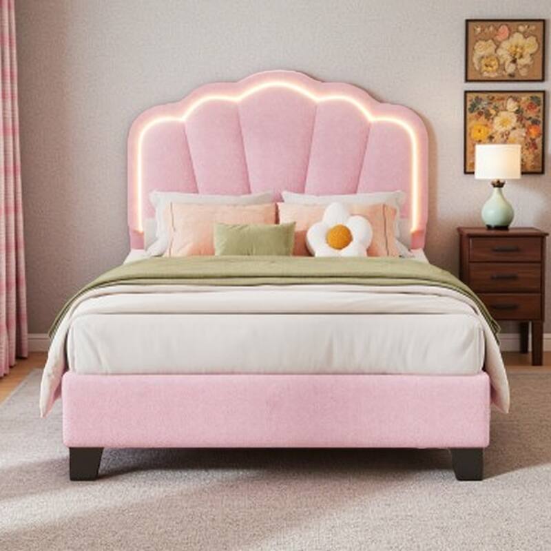 Twin Upholstered Bed with Flower-Inspired Headboard, Adjustable LED Lighting and Sherpa Fabric - Pink
