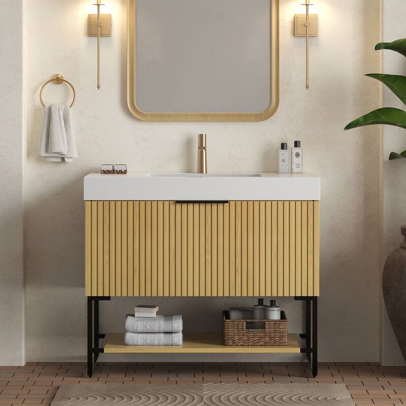 GDFStudio - Yolan 36" Freestanding Bathroom Vanity with Drawer & Open Shelf, Corolla Oak Finish & Ceramic Basin - White