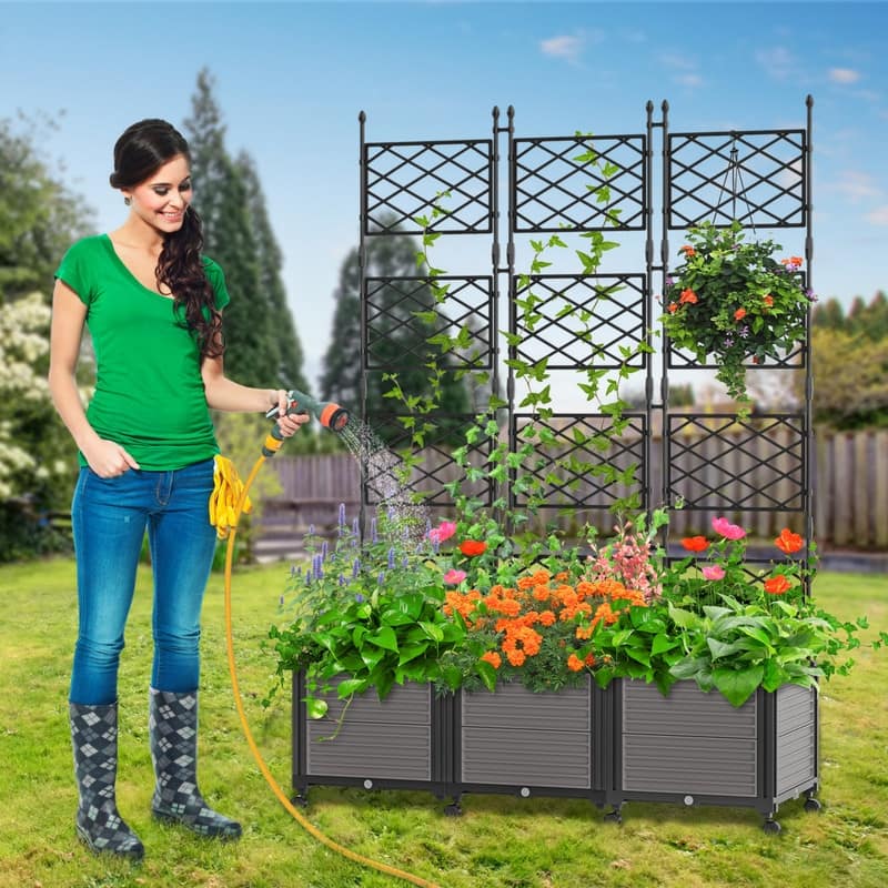 63"H Planter Box Raised Garden Bed With Trellis & Wheels, Vertical - Black-49.6''D x 16.5''W x 63''H
