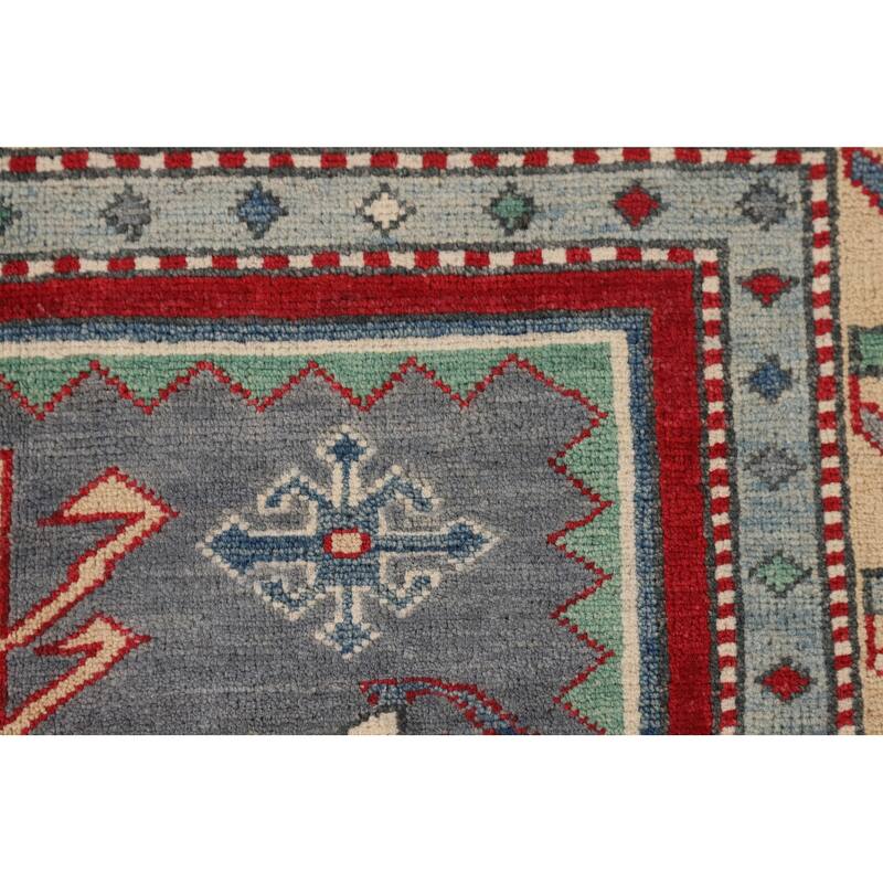 Gray Geometric Kazak Foyer Rug Hand-Knotted Traditional Wool Carpet - 3'4" x 4'9"