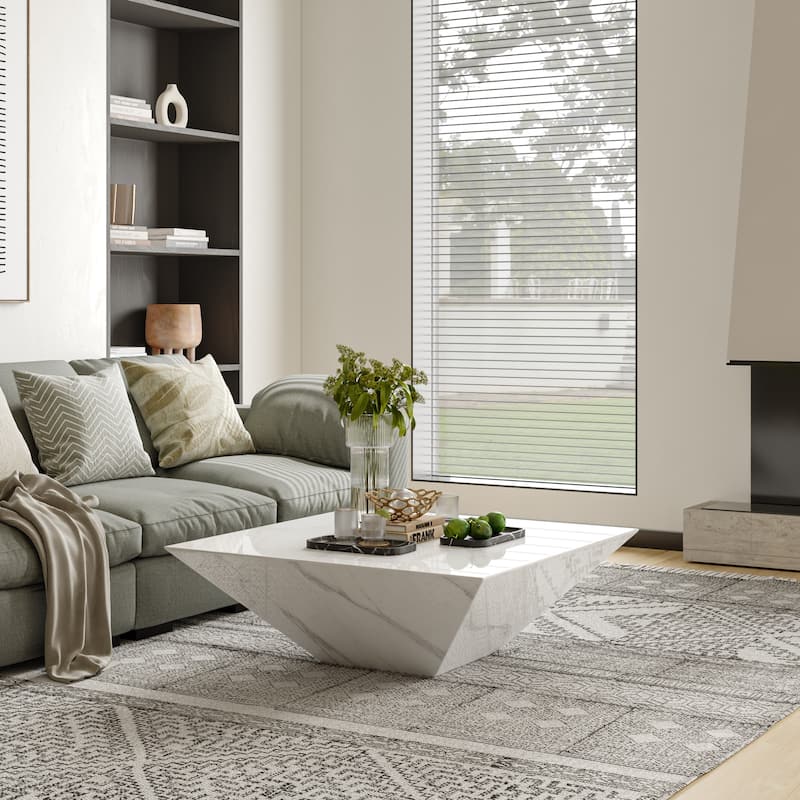 Modern Square Coffee Table, Trapezoid White Sintered Stone Coffee Table, Fully-assembled
