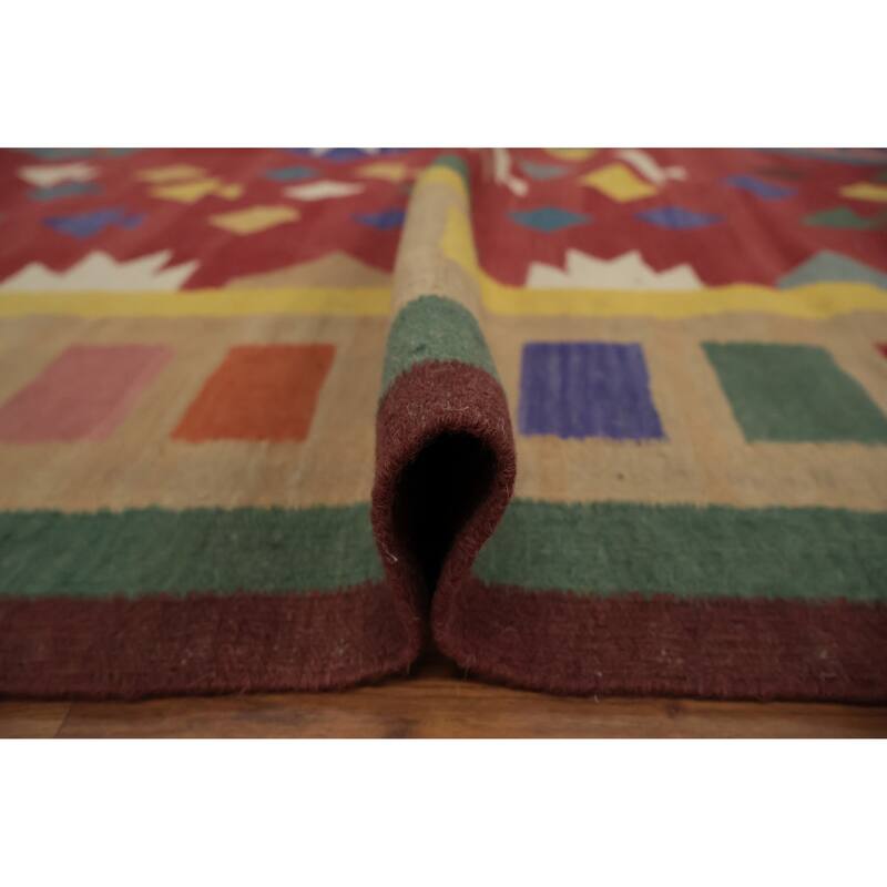 Hand Woven Oriental 100% Wool Carpet Southwestern Tribal Red Kilim Area Rug - 9' 10'' X 8' 3''
