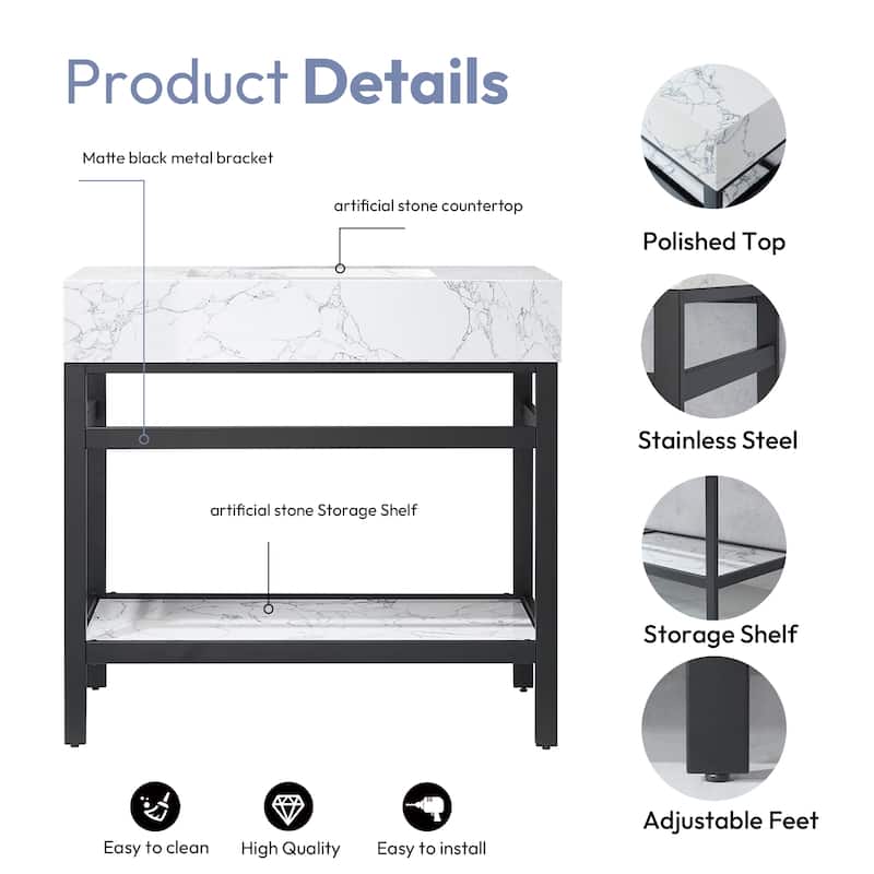 Ecija Bath Vanity, Metal Support with Composite Stone Top, no Mirror