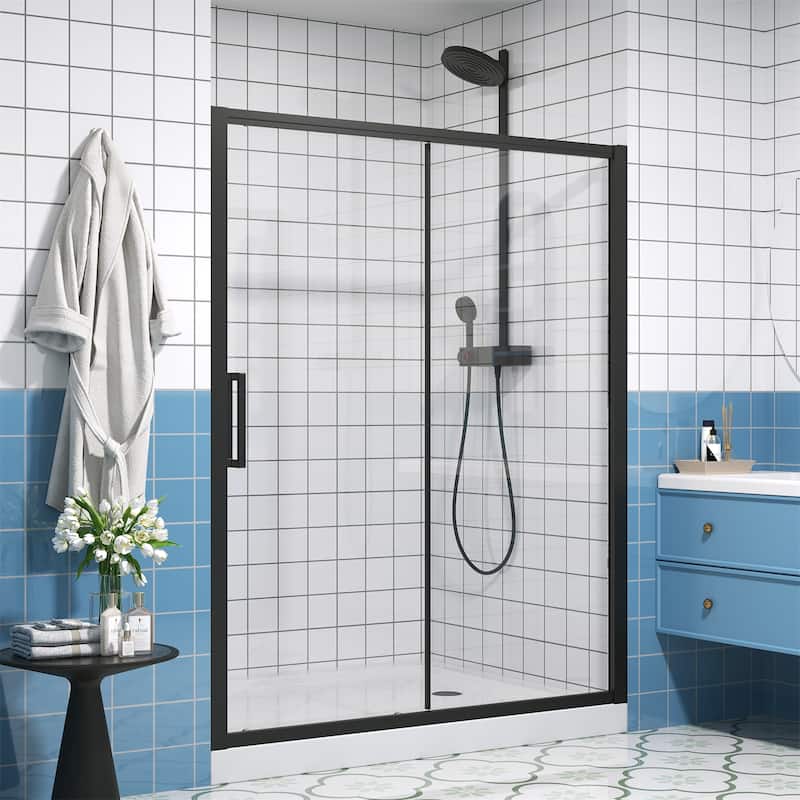 Single Sliding Shower Door Semi-Frameless Shower Glass Panel, 1/4" Clear Tempered Glass