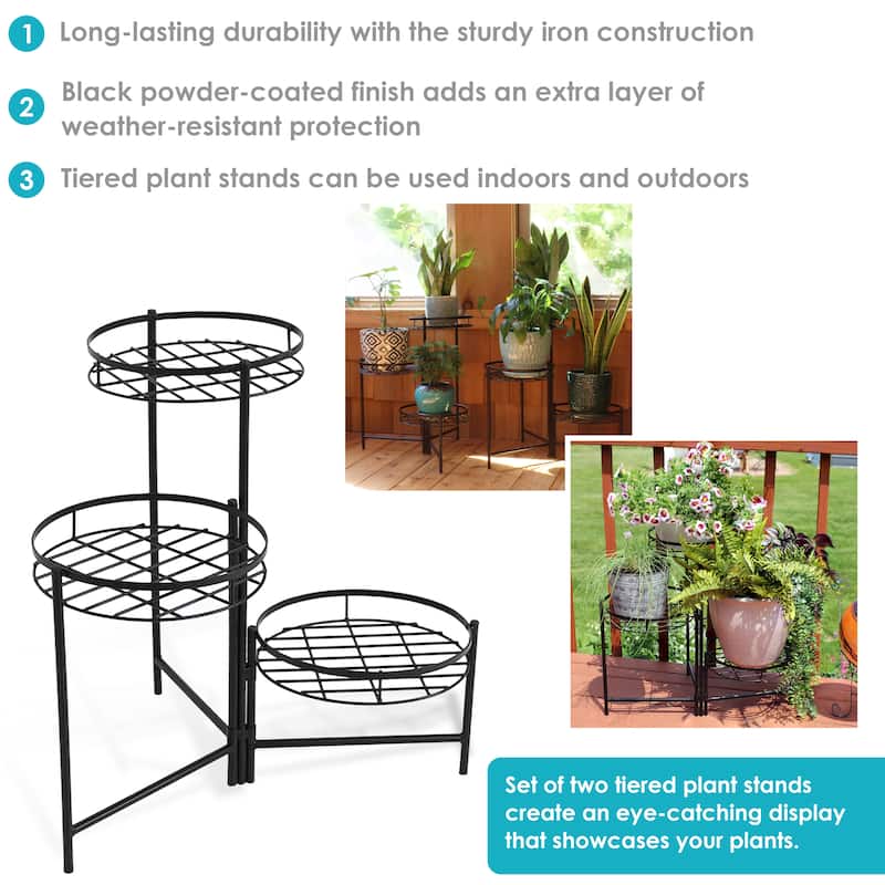 Black Three Tiered Indoor Outdoor Flower Plant Stand 22" - Set of Two