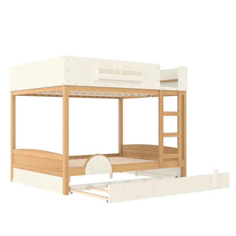 Queen Bunk Bed with Trundle, Wood Bunk Bed Frame with Built-in Bookshelf and High-quality Safety Guardrail