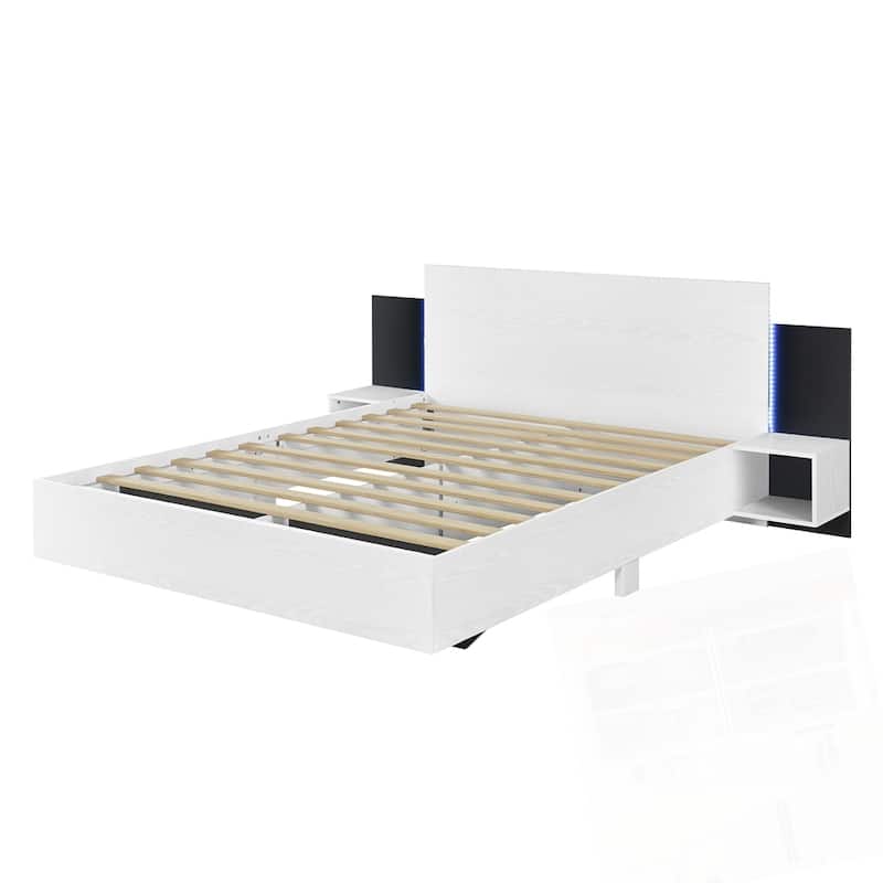 Wooden Floating Platform Bed, with LED Lights and Bedside Nightstand
