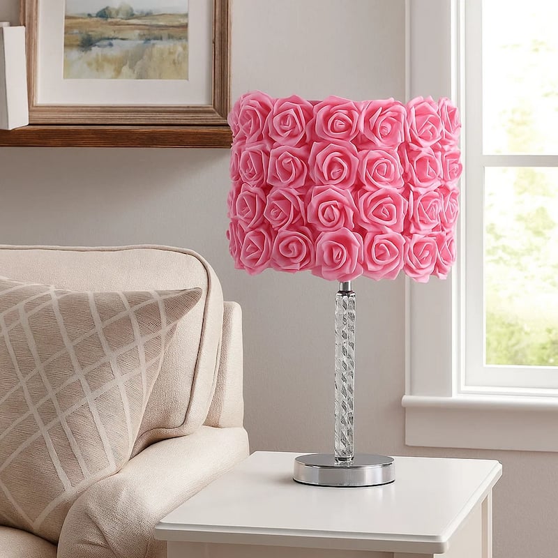 Bloom Roses Drum Shade Table Lamp with Twisted Acrylic Base, Pink