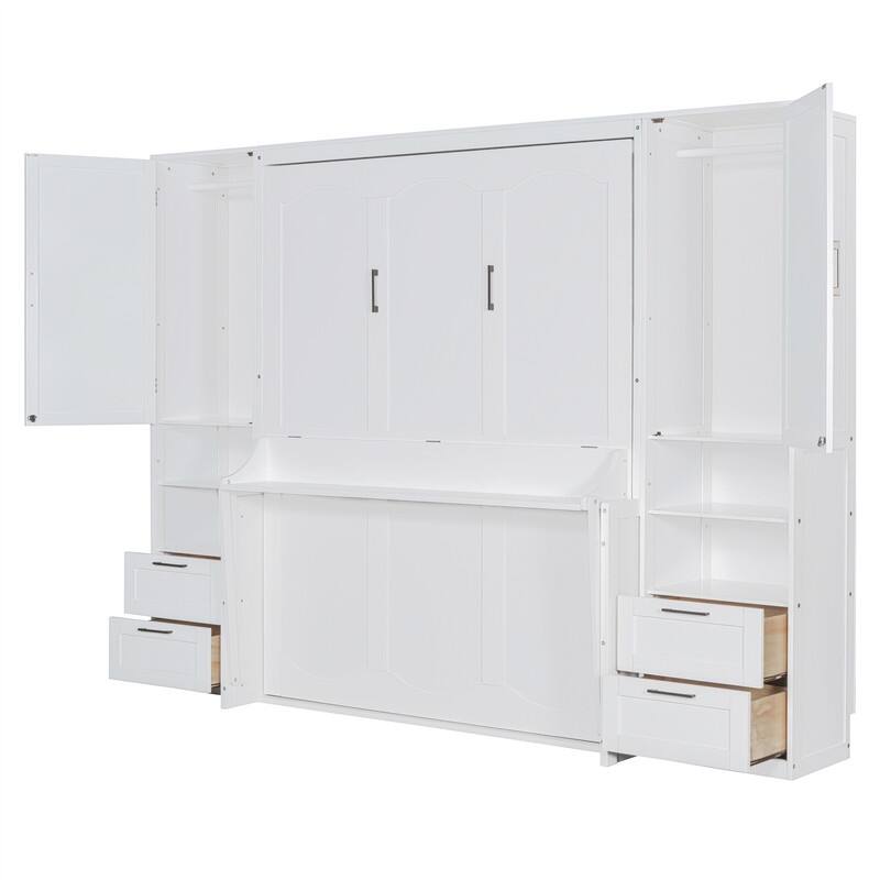 Queen Size Murphy Bed Wall Bed with 2 Wardrobes and 4 Storage Drawers, Foldable Murphy Cabinet Bed w/Open Storage Shelves& Stool