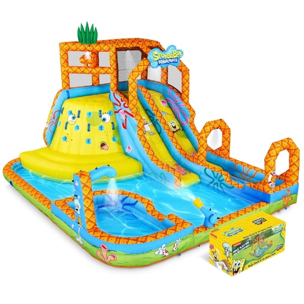 slide 2 of 4, Sunny & Fun SpongeBob Mega Climb N' Go Inflatable Water Slide with Climbing Wall, 2 Slides & More! - One Size