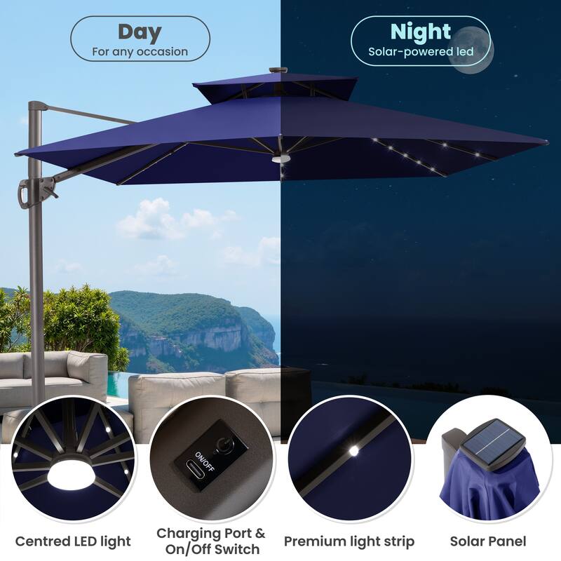 11 FT Square Outdoor Premium Double Top Solar Powered LED Patio Cantilever Umbrella