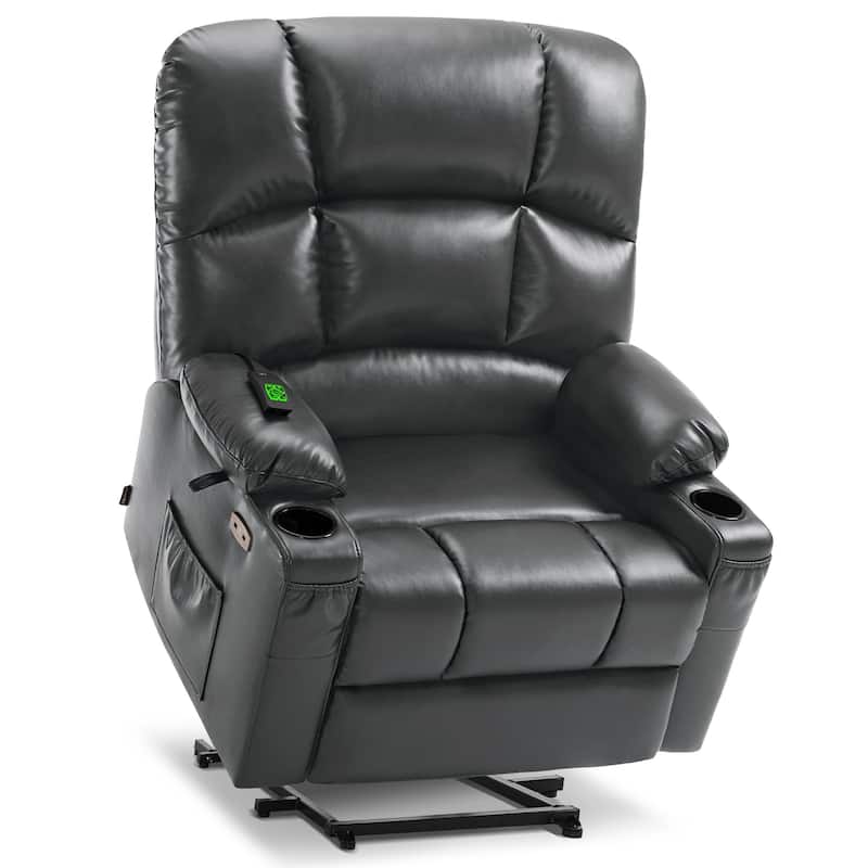 MCombo Large-Wide Lay Flat Dual Motor Power Lift Recliner Chair Sofa with Massage and Heat, Faux Leather R7688 - Dark Grey