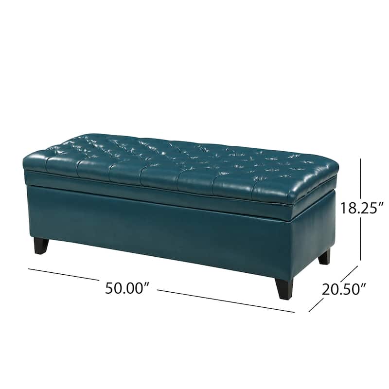 Rhya Storage Ottoman Bench, Teal Blue Faux Leather, Brown Wood 50 Inch