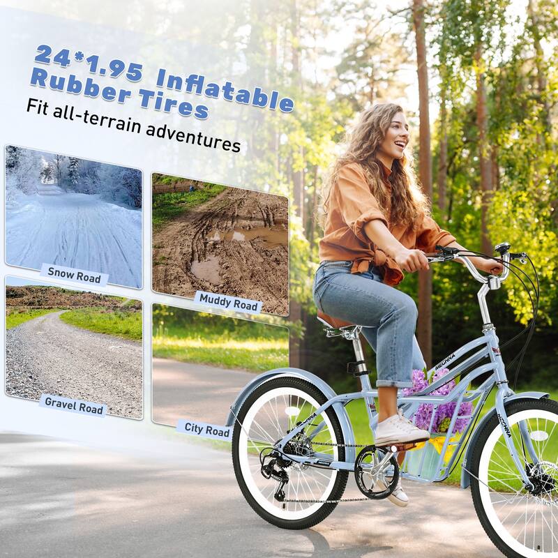 24 Inch Comfort Bike Urban Commuter Bicycles, 6 Speed Road Bicycles w/Dual Disc Brakes, Steel Frame for Teens, 16 Years and Up