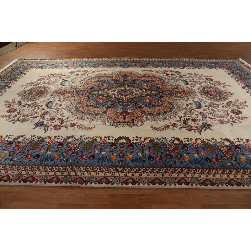 Hand Knotted Oriental 100% Wool Carpet Traditional Floral Beige & Ivories Tabriz Area Rug - 15' 2'' X 10' 1''