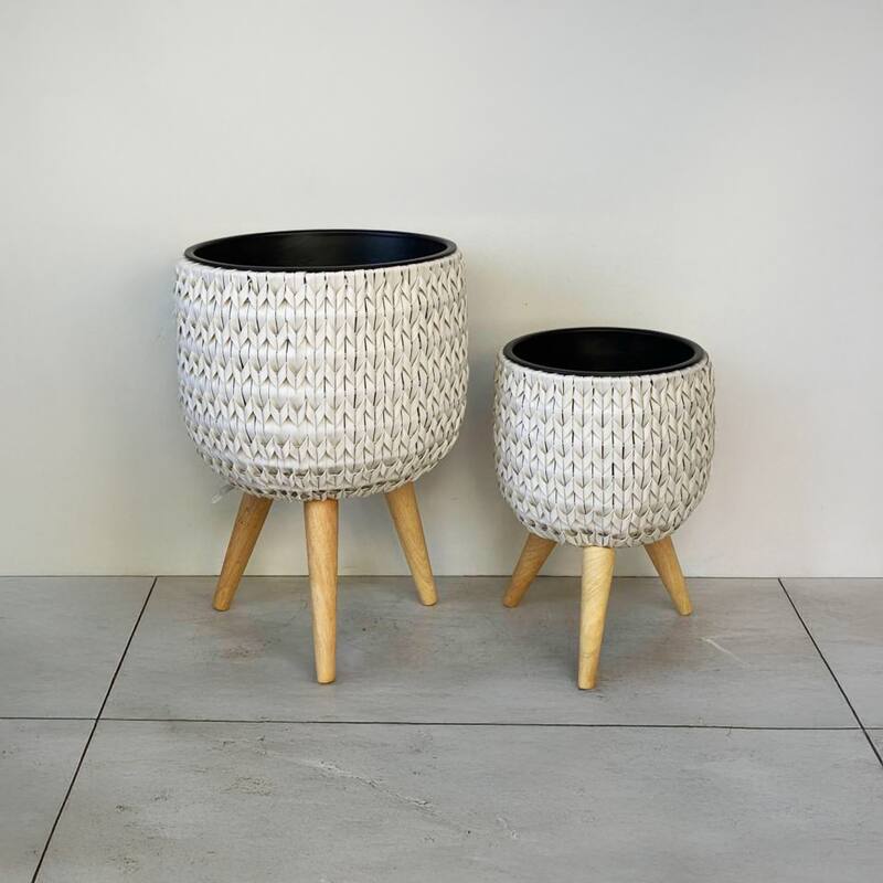 Alpine Corporation 24in Tall Poly Rattan Planter Set of 2 with Removable Inserts, Tall Durable Resin Wicker-Style Pots
