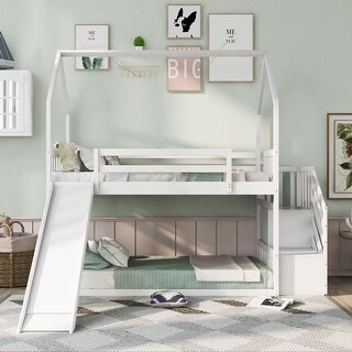 White Twin over Twin House Bunk Bed with Convertible Slide - Bed Bath ...