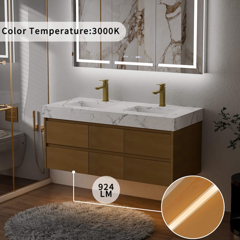 Modland 48" Floating Bathroom Vanity with Single/Double Sink, Modern Maple Wood Wall Mounted Vanity with Marble Countertop