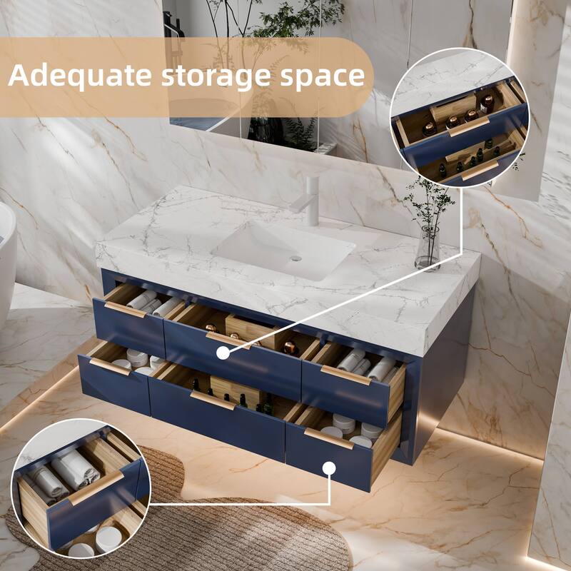 Modland 48" Modern Floating Bathroom Vanity with Single Sink, Soft-Close Drawers, White Stone Countertop