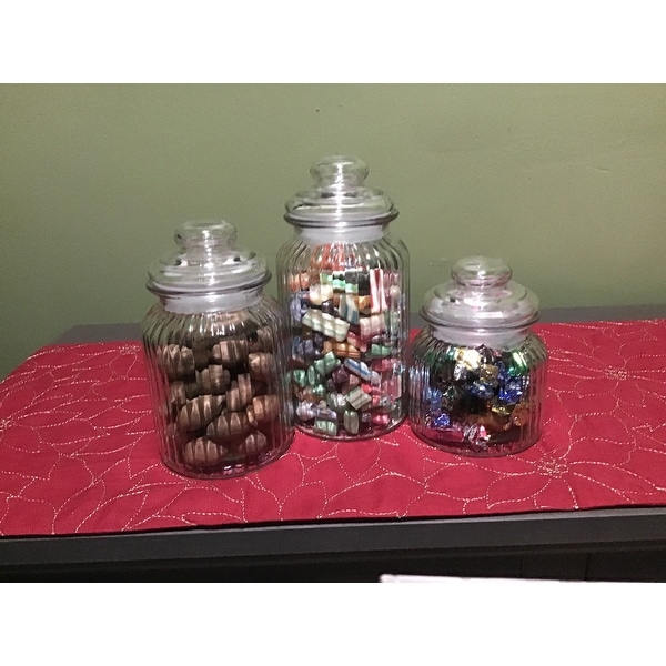 Decorative Kitchen Counter Top Glass Canister Set Cookies Coffee Sugar 3 Pieces On Sale Overstock 30992197