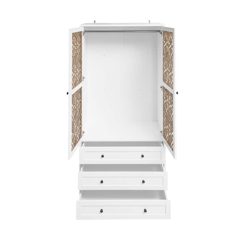 3 Drawer Wardrobe Armoire White Closet / Hollow Pattern Doors bedrooms Clothes Storage Cabinet