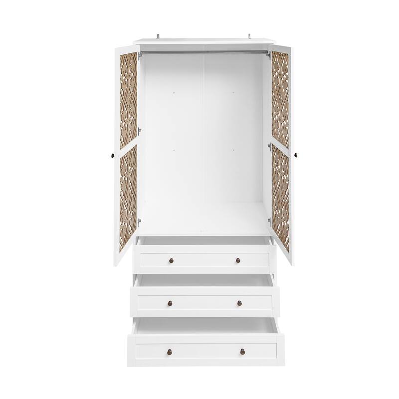 Roomfitters Wardrobe with 2 Doors and 3 Drawers, Hollow Pattern Armoire Closet Storage Cabinet, White