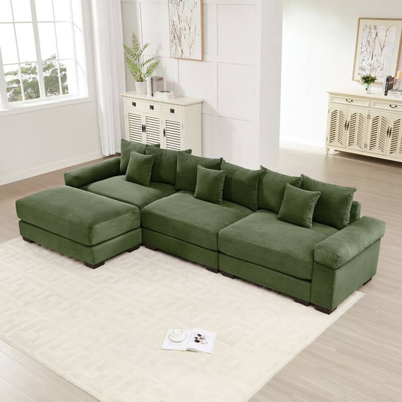 Oversized Corduroy Cloud Modular Sofa with Throw Pillows - Green(3 Seat+1 Ottoman)