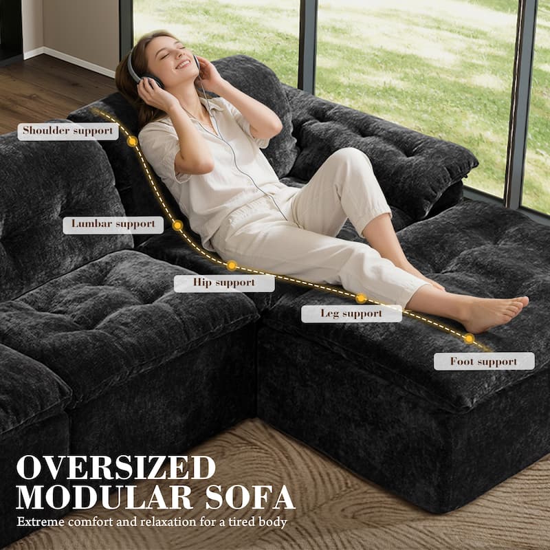 Rossetta L-Shaped Modular Chenille Cushioned Extreme Comfort Sofa with Detachable Backrest and Armrests, 1 Removable Ottoman