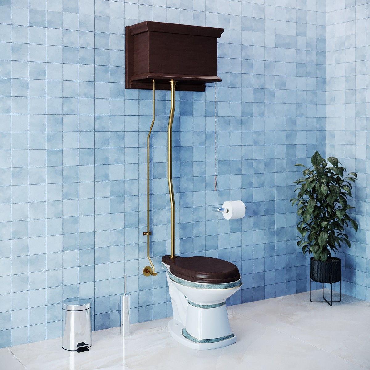 High Tank Pull Chain Toilet Dark Oak Wooden Flat Tank 59