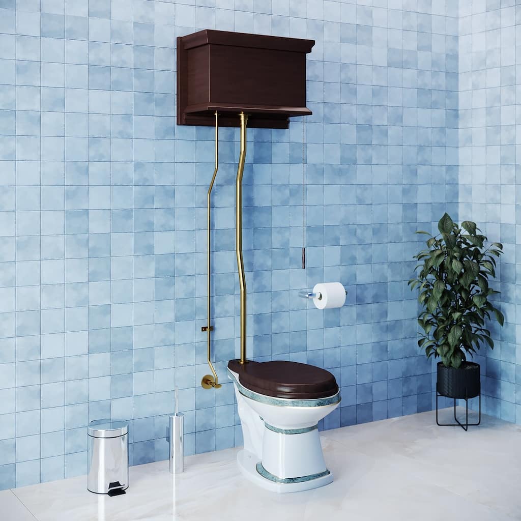 High Tank Pull Chain Toilet Dark Oak Wooden Flat Tank 59" to 74" Brass Z Pipe and Elongated White Bowl Renovators Supply