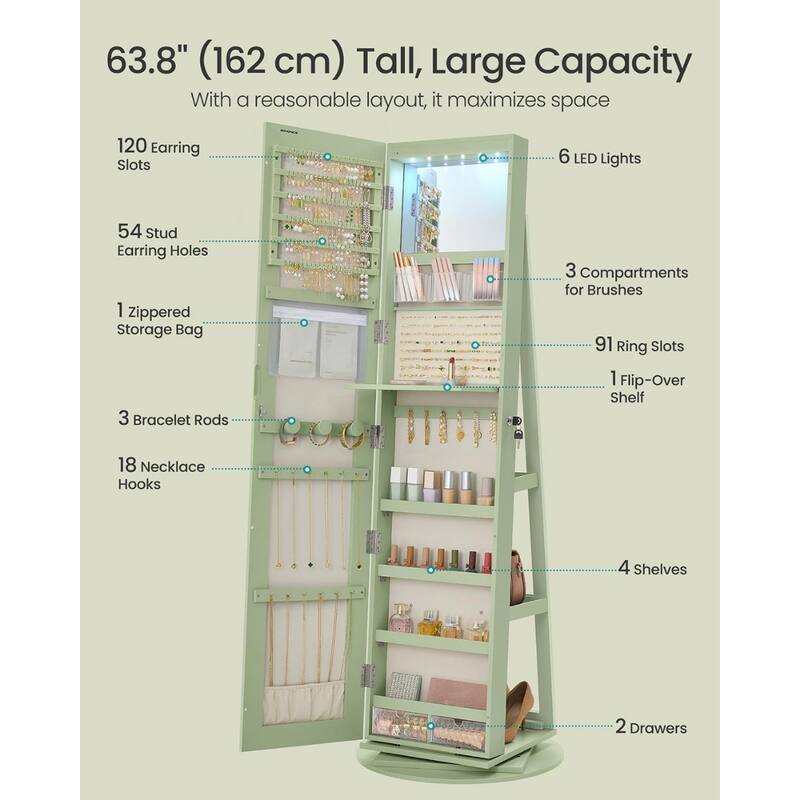 6 LEDs Lockable Mirror Jewelry Cabinet Laurel Green Surface Cream White Lining - Multi