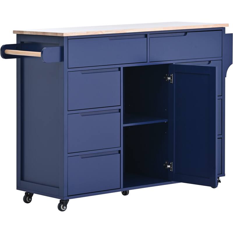 Kitchen Island with 8 Handle-Free Drawers, Rubber Wood Top, Flatware Organizer & 5 Wheels for Storage & Organization