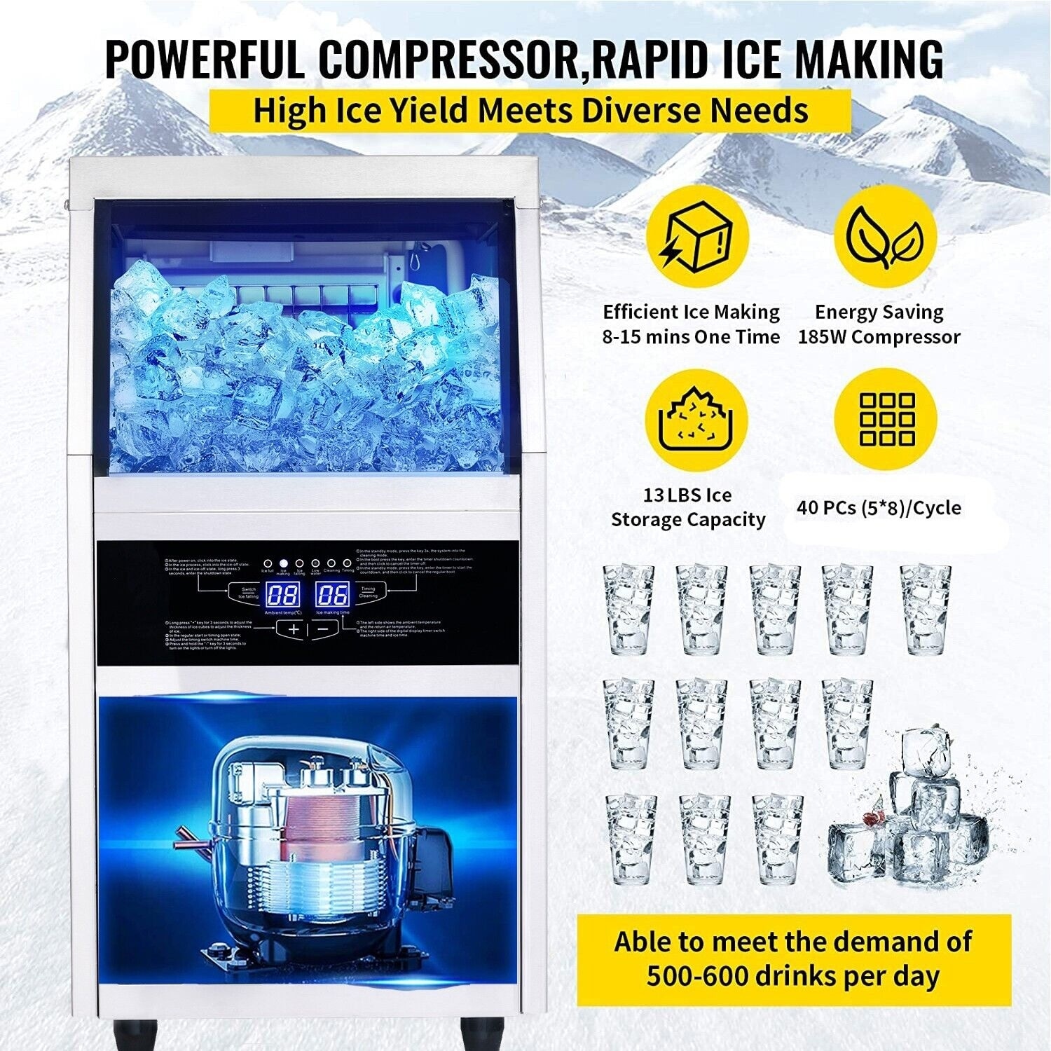 90lb Built-in Commercial Ice Maker Stainless Steel Bar Restaurant Cube  Machine