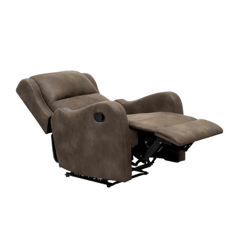 Kim 38 Inch Manual Recliner Chair, Cushioned Brown Microfiber, Solid Wood