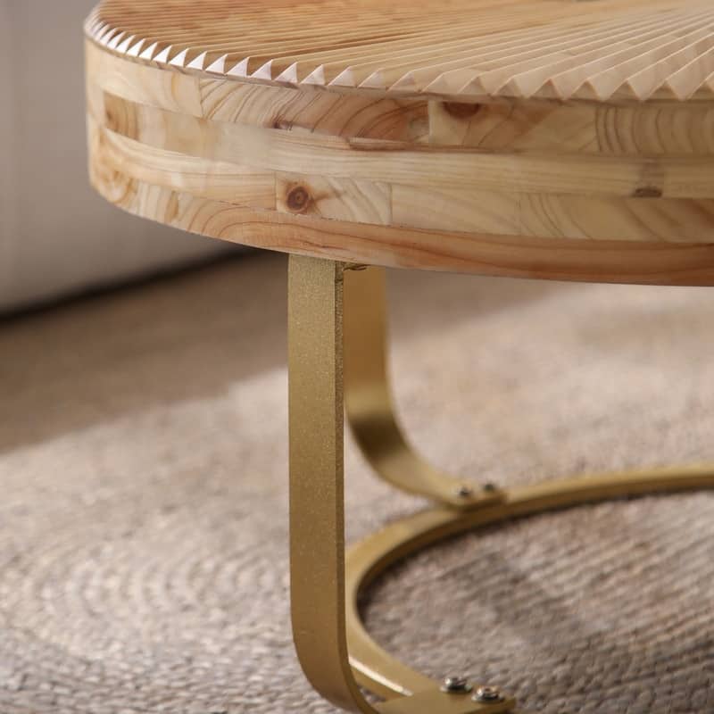 Modern Round Coffee Table with Carved Wood Top and Metal Legs