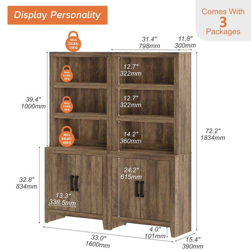74" Tall Bookshelf with Door, Farmhouse Bookcase with Adjustable Shelf and Storage Cabinet for Living Room, Office