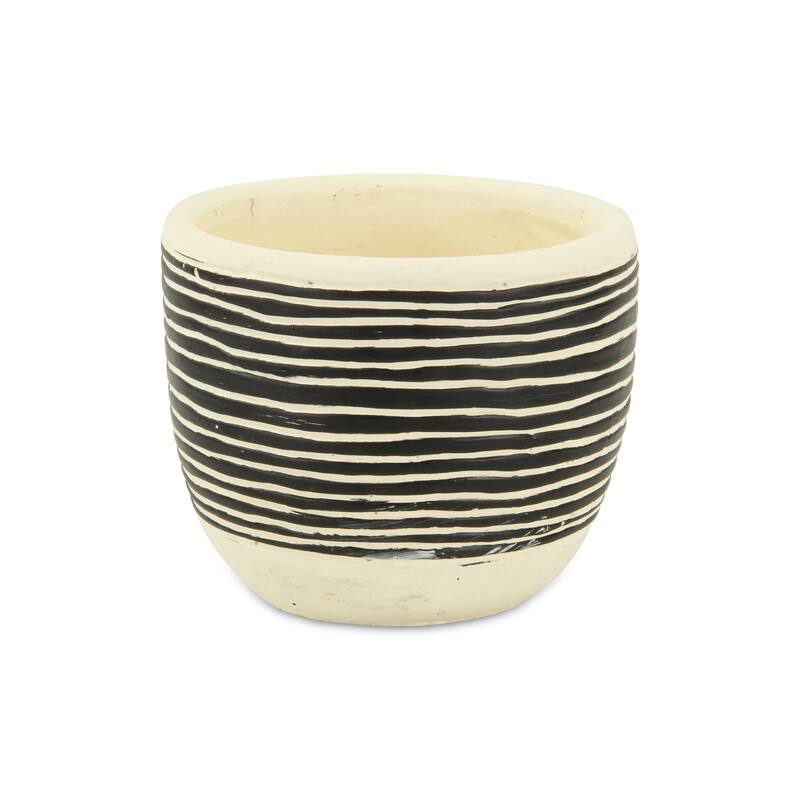 HomeRoots Black And White Ceramic 39 Ounce Striped Round Distressed Pot Planter - 5.75 in. x 4.75 in. x 5.75 in.