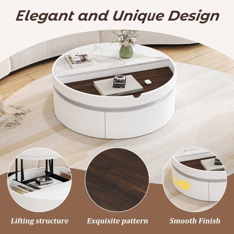 Round Lift Top Coffee Table with Drawer, 29.5 Inch Marble and Wood Grain Tabletop, Storage Ottoman