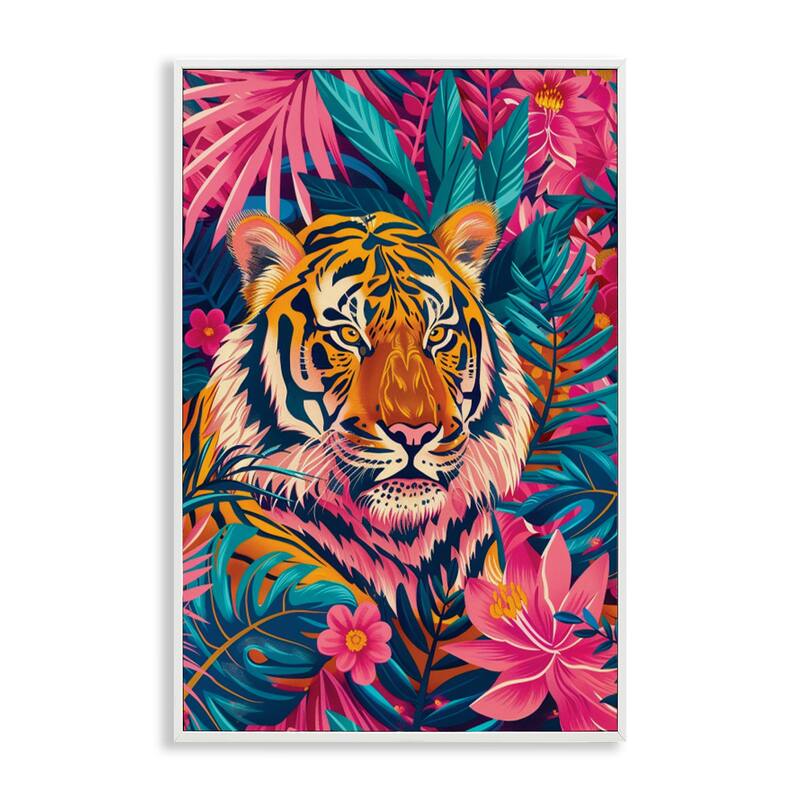 Stupell Tropical Tiger Among Leaves Framed Giclee Art Design By LSR Design Studio - 20 x 30 - White